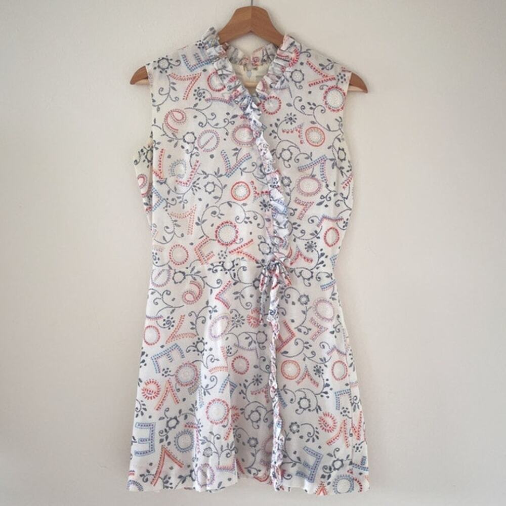 Vtg 60's LOVE Patterned Ruffled Sleeveless Mod Top Tunic Mini Dress Sz S/M Retro